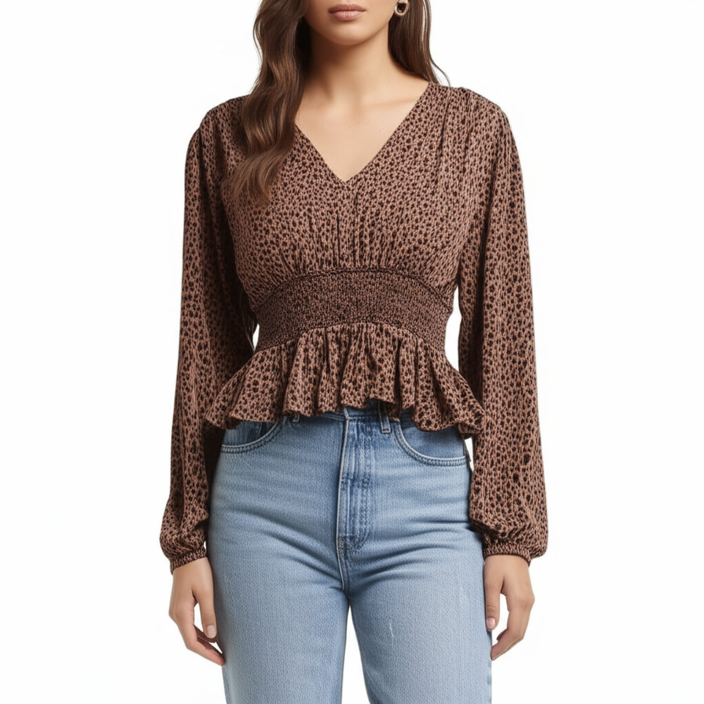 AFRM Leopard Print Peplum Blouse Vneck Smocked Long Sleeve‎ Size 3X